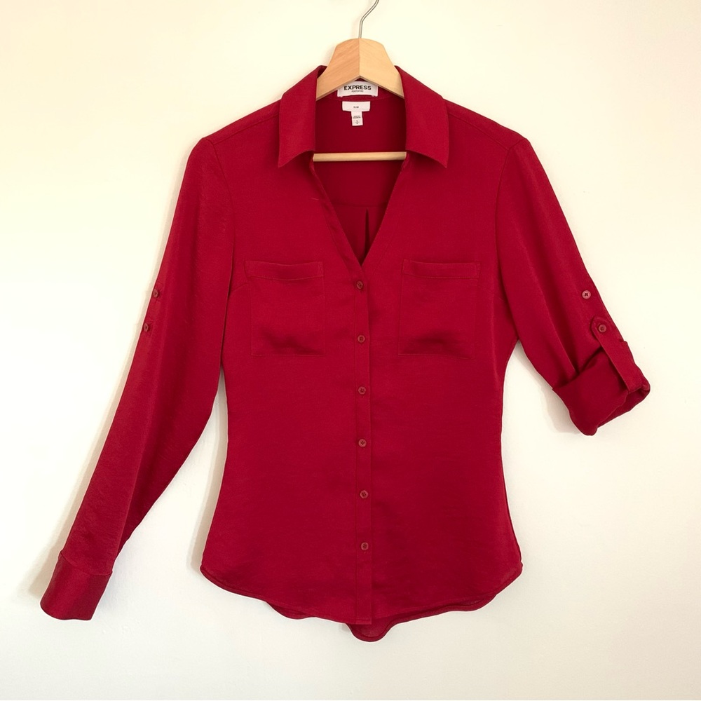 Express Burgundy Red Satin Long Adjustable Sleeve Button VNeck Top Women’s Small